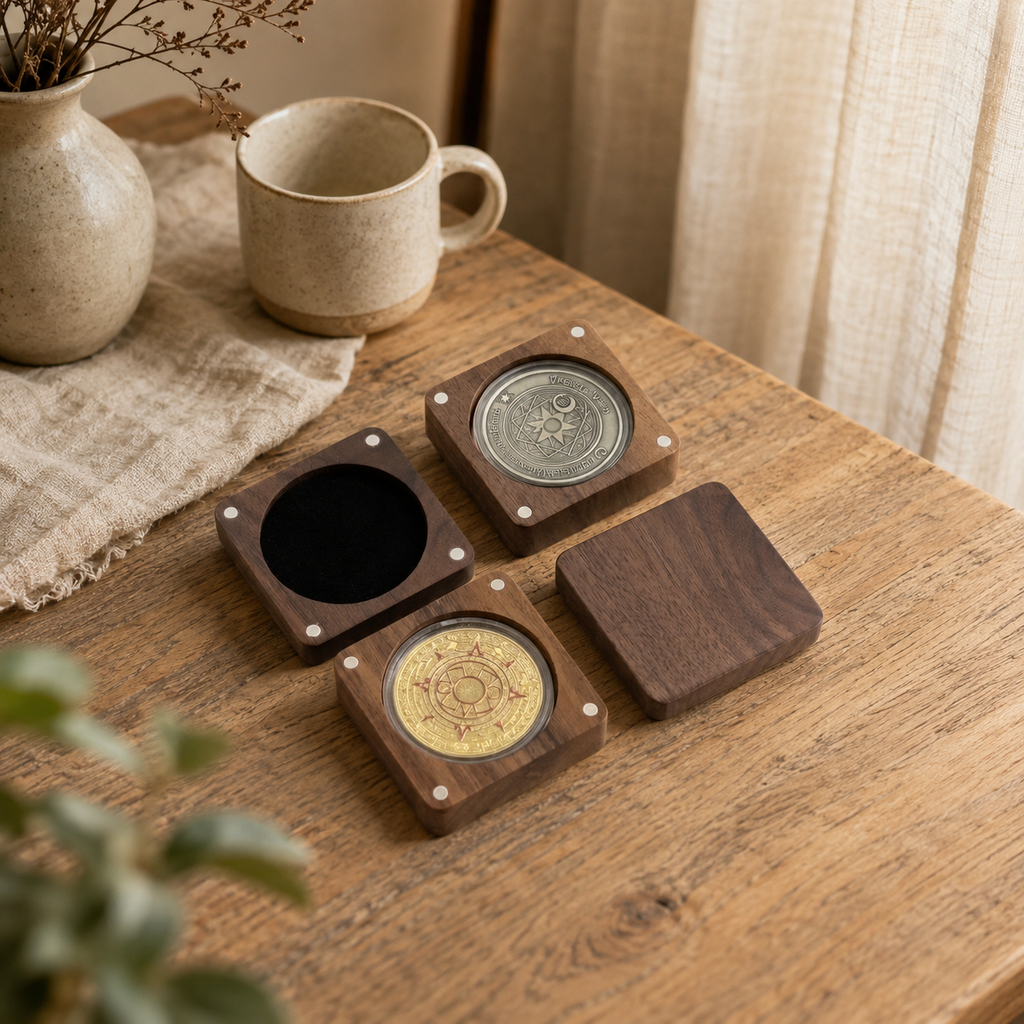 Handcrafted black walnut challenge coin display case combining natural hardwood craftsmanship with secure storage for treasured collectible coins.