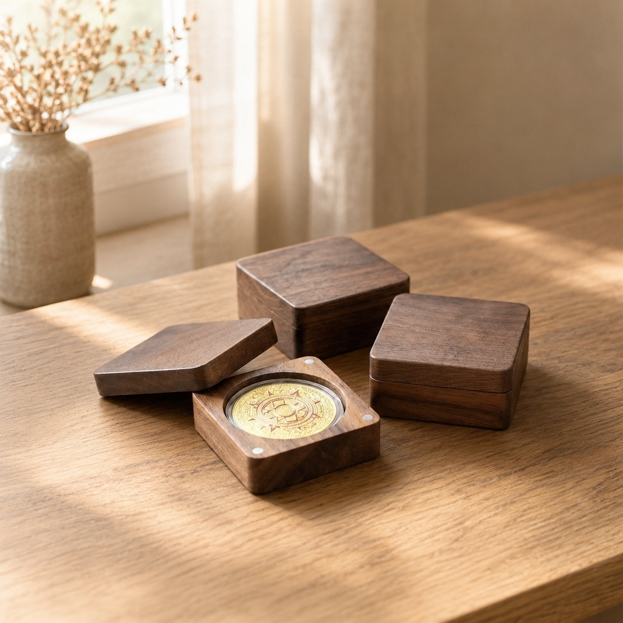 Black walnut challenge coin display case displayed on a wooden desk, offering stylish protection for military and commemorative coins.