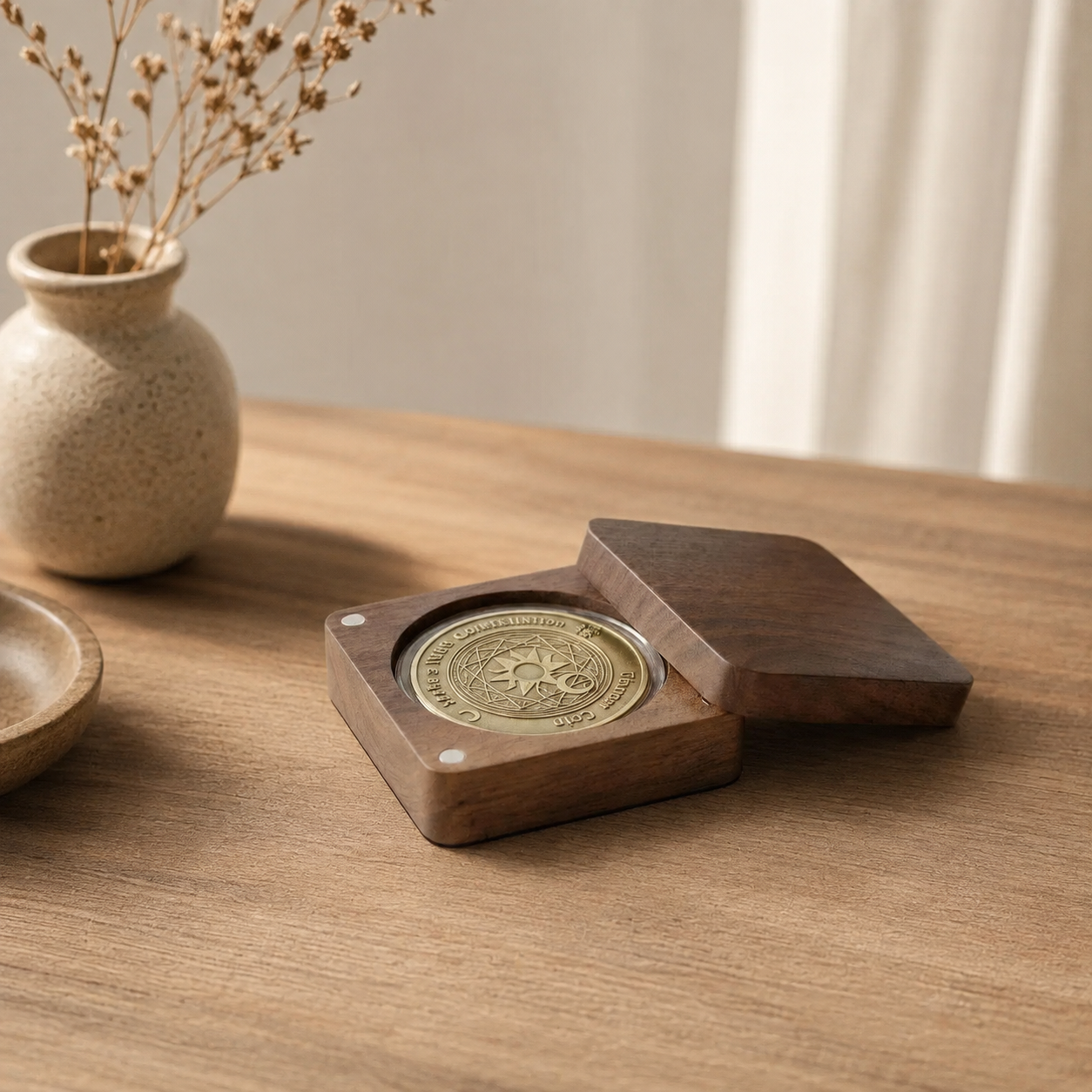 Personalized black walnut challenge coin display case with magnetic lid, handcrafted to protect and showcase collectible coins.