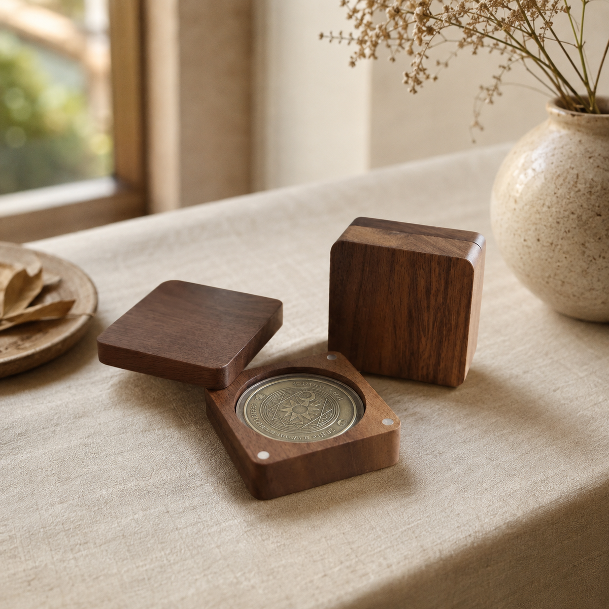 Open black walnut challenge coin display case revealing a precision-cut compartment for securely holding a collectible challenge coin.