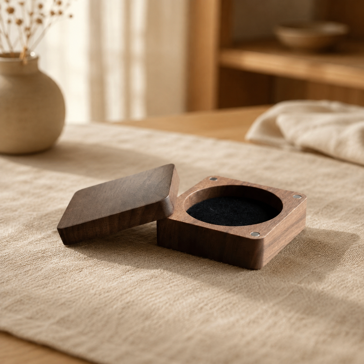 Handcrafted black walnut challenge coin display case presenting a commemorative coin with elegant natural wood craftsmanship.