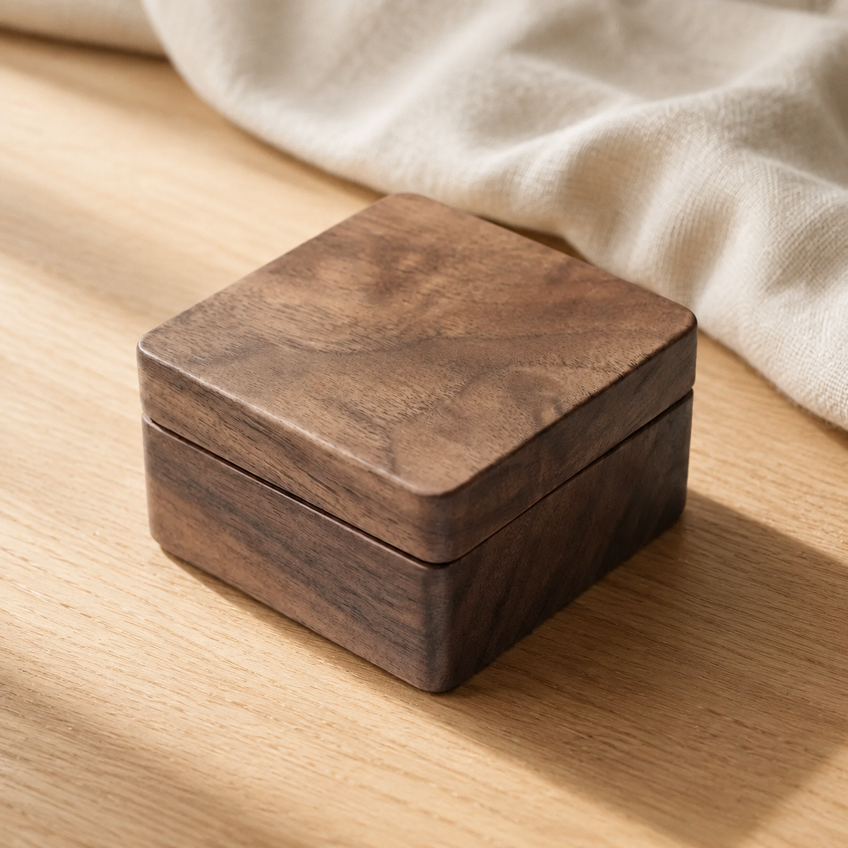 Close-up of the handcrafted black walnut cufflink storage box highlighting its natural wood grain and magnetic closure.