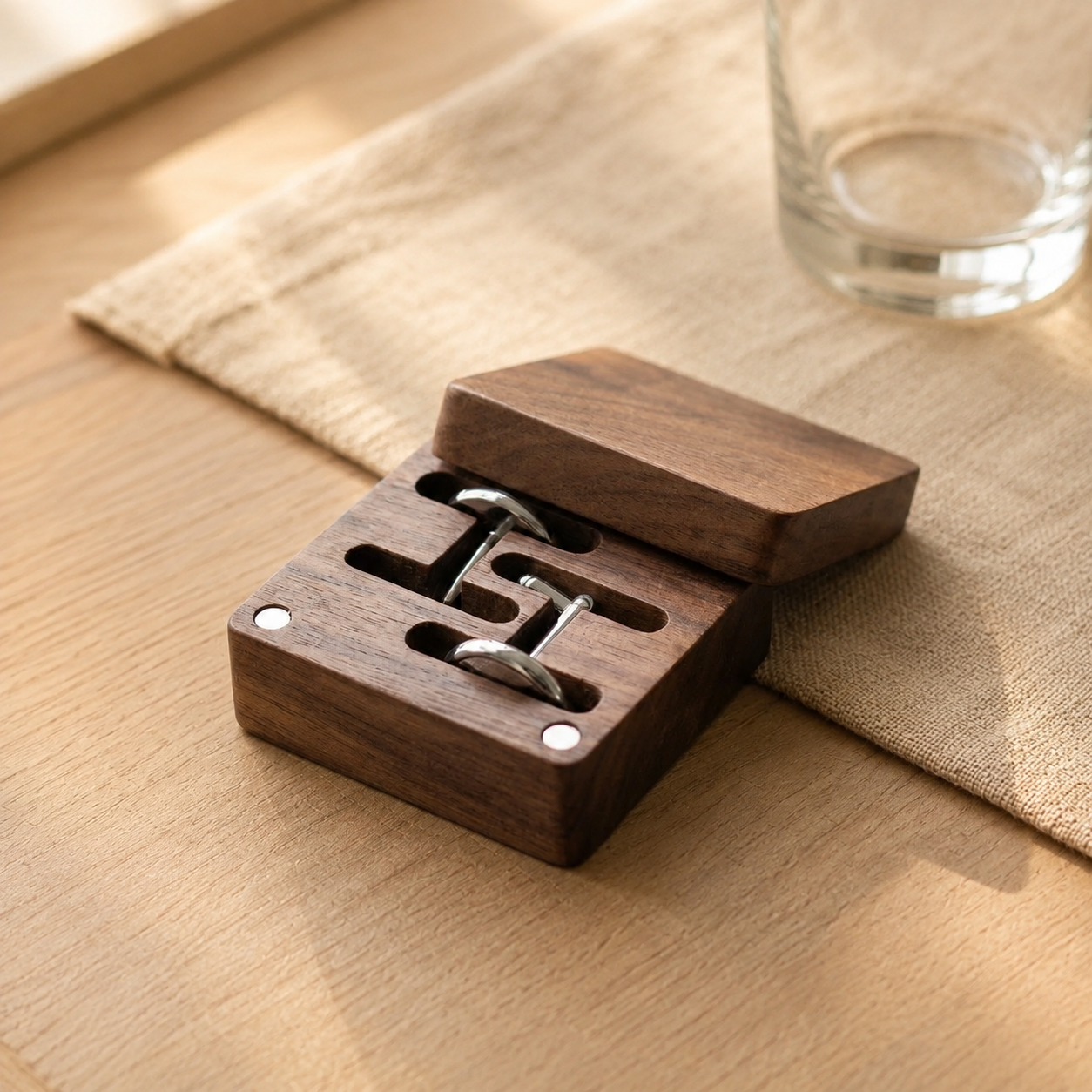 Personalized black walnut cufflink storage box with magnetic lid, designed to securely organize and protect cufflinks.