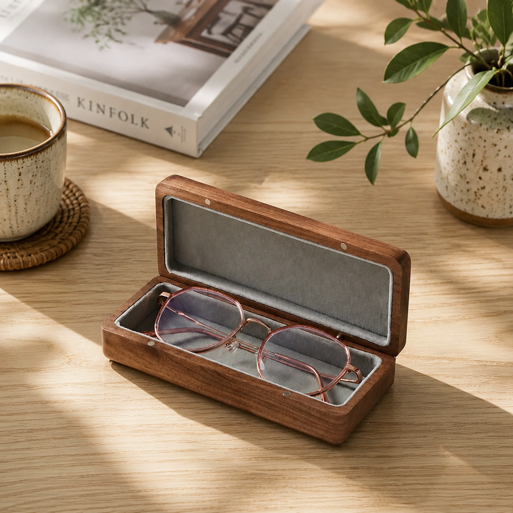 Open black walnut eyeglass case showing the soft interior lining and space for protecting everyday glasses.