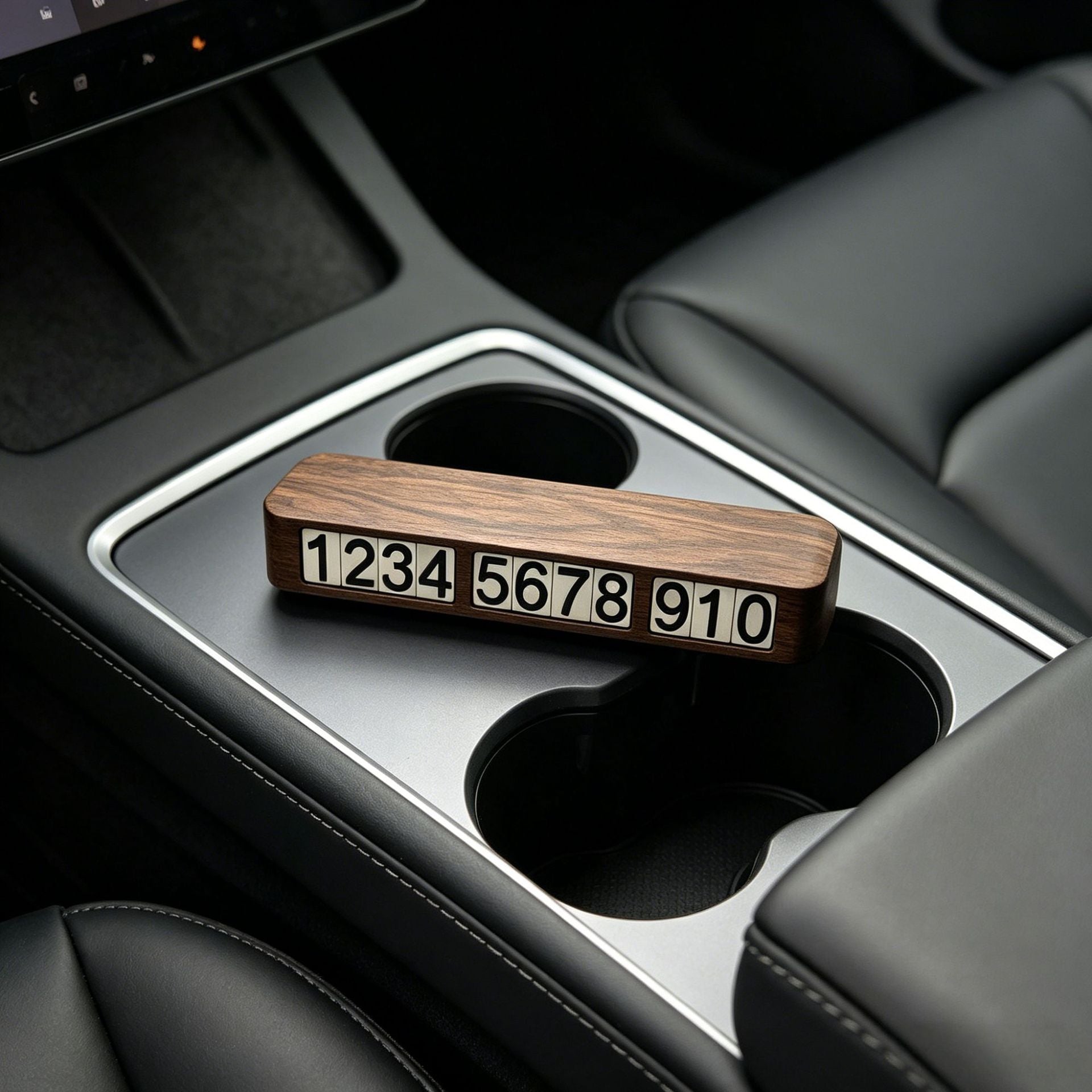 Personalized black walnut temporary parking number plate displayed on a modern car dashboard.