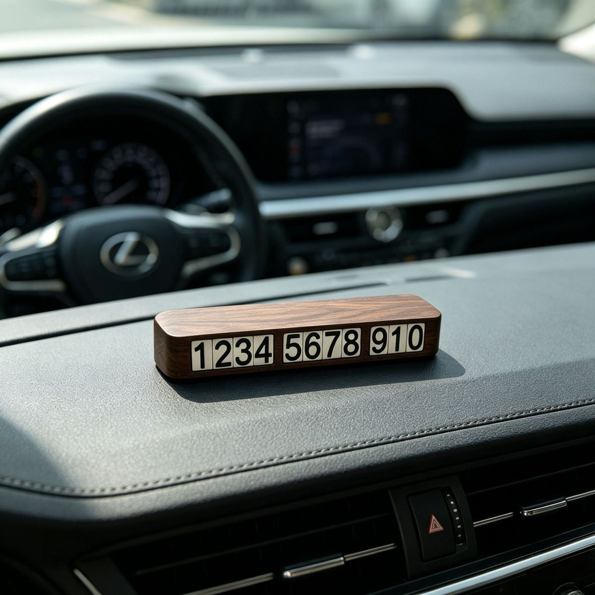 Close-up of magnetic number tiles on a handcrafted black walnut parking number plate.