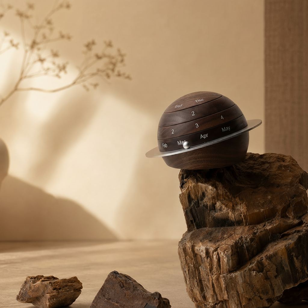 Hand adjusting the rotating wooden rings of the black walnut perpetual calendar to change the day, date, and month.