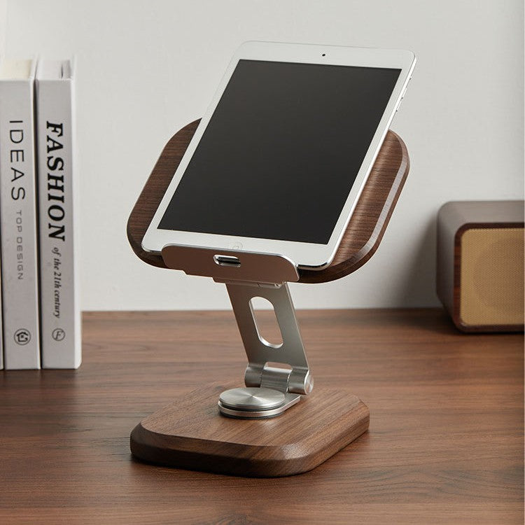 Adjustable black walnut phone and tablet stand with sturdy aluminum hinge for comfortable viewing angles.