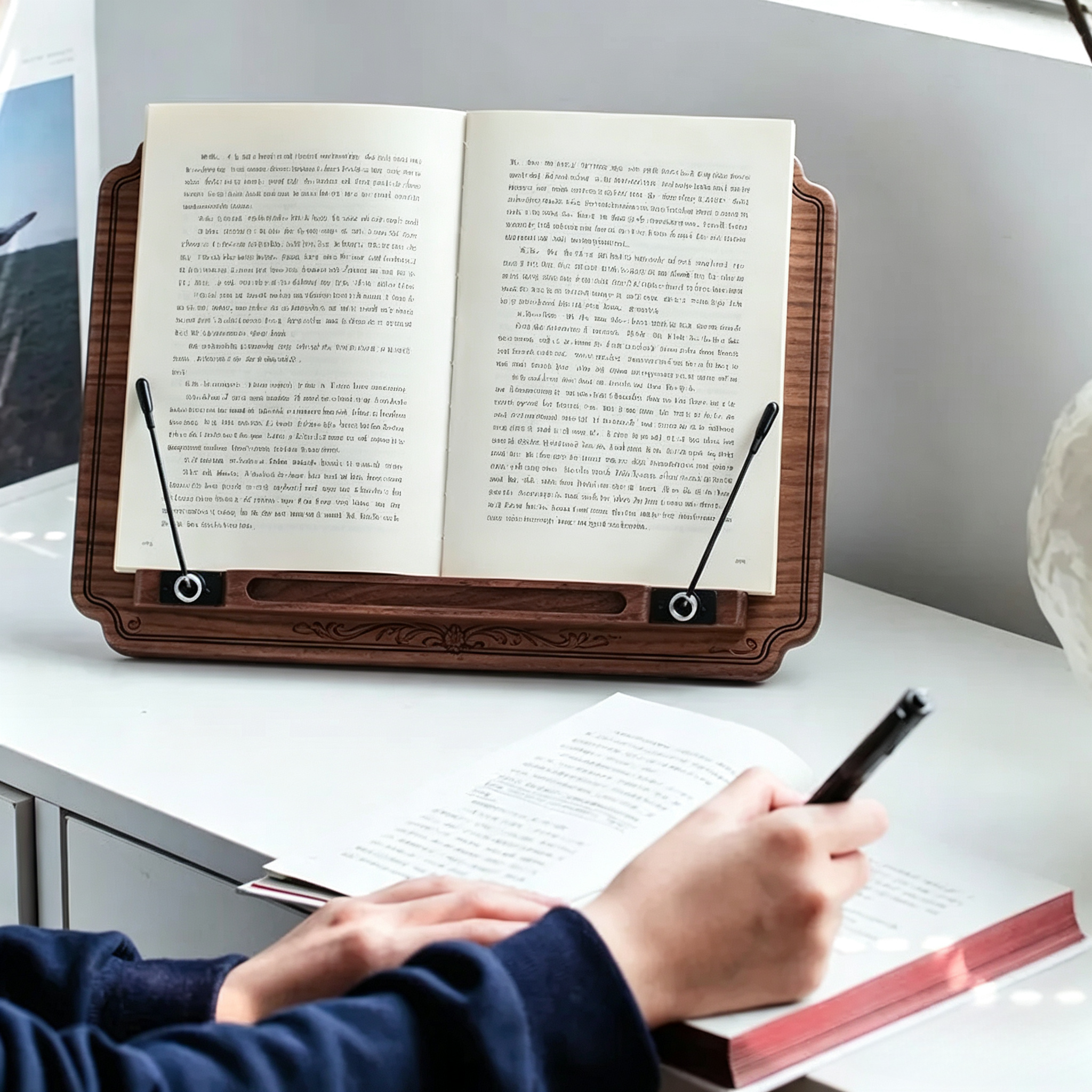 Adjustable black walnut wood book stand with multiple viewing angles for reading, studying, and cooking.