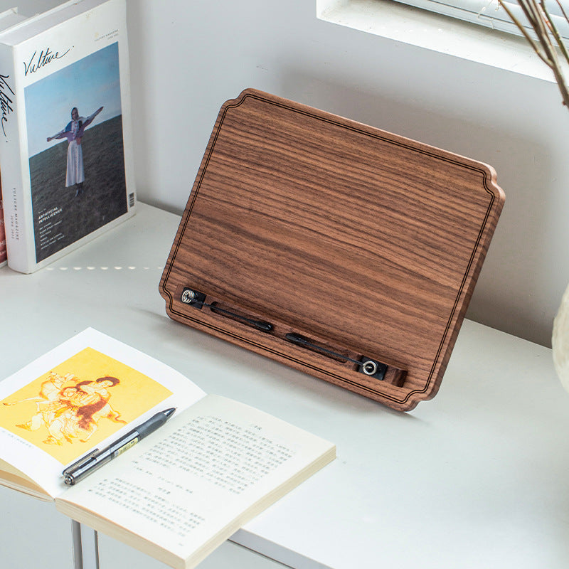 Foldable solid black walnut wood book stand designed for easy storage and everyday use.