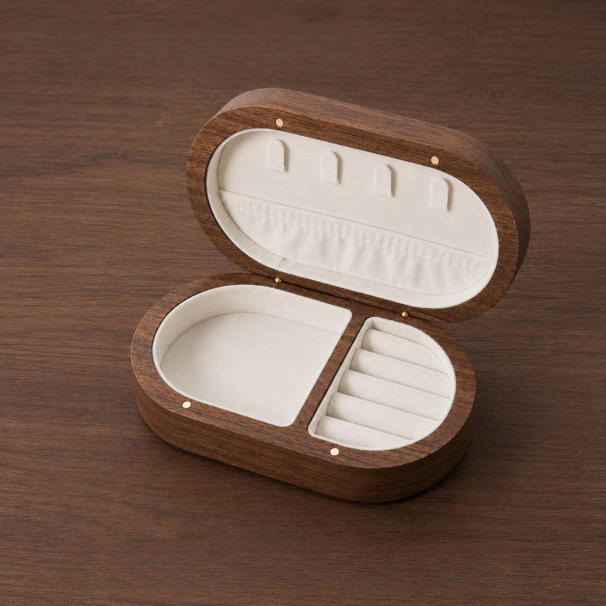 Personalized black walnut wood travel jewelry box with custom laser engraving for meaningful keepsakes and gifts.