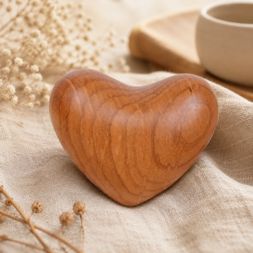 Close-up of a personalized cherry wood pocket heart highlighting its handcrafted craftsmanship and distinctive cherry wood grain.
