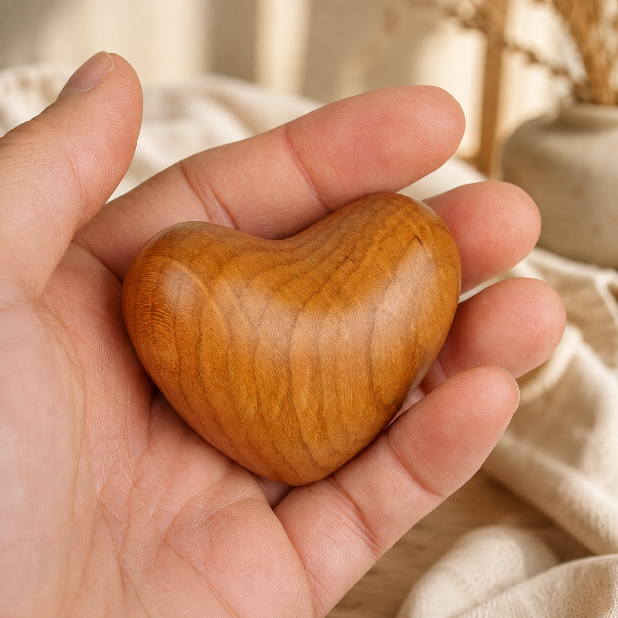 Personalized cherry wood pocket heart held in hand, showing its palm-sized design, smooth edges, and natural cherry wood grain.