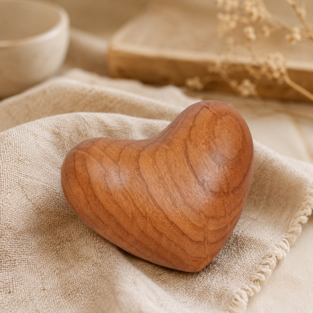 Personalized cherry wood pocket heart displayed on soft linen in warm natural light, creating a peaceful and comforting atmosphere.