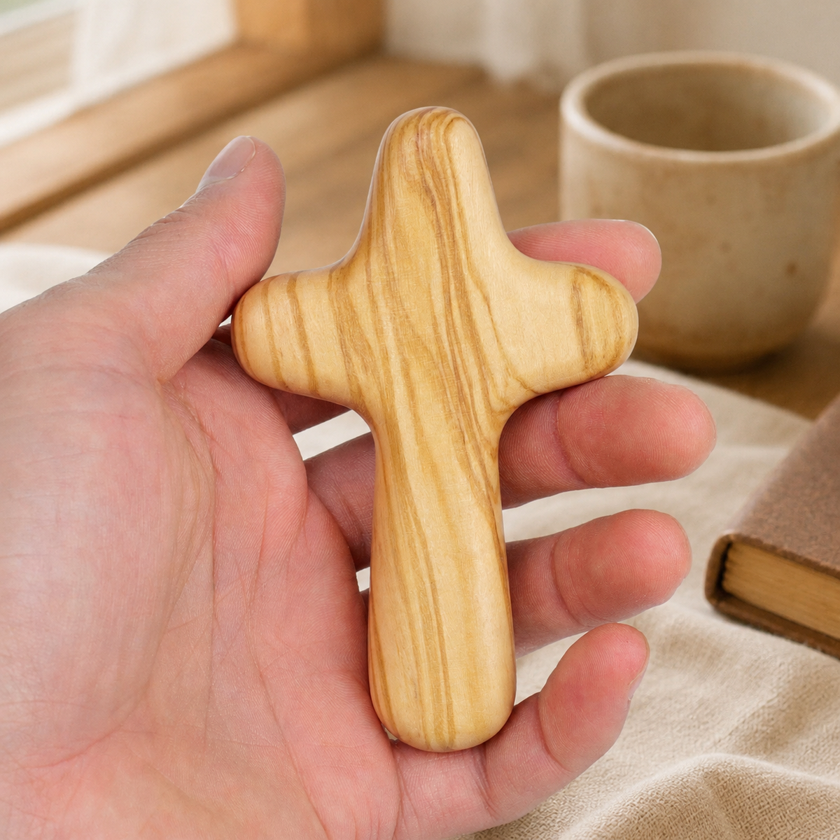 Close-up of the handcrafted olive wood comfort cross highlighting its smooth finish, ergonomic shape, and distinctive natural olive wood grain.