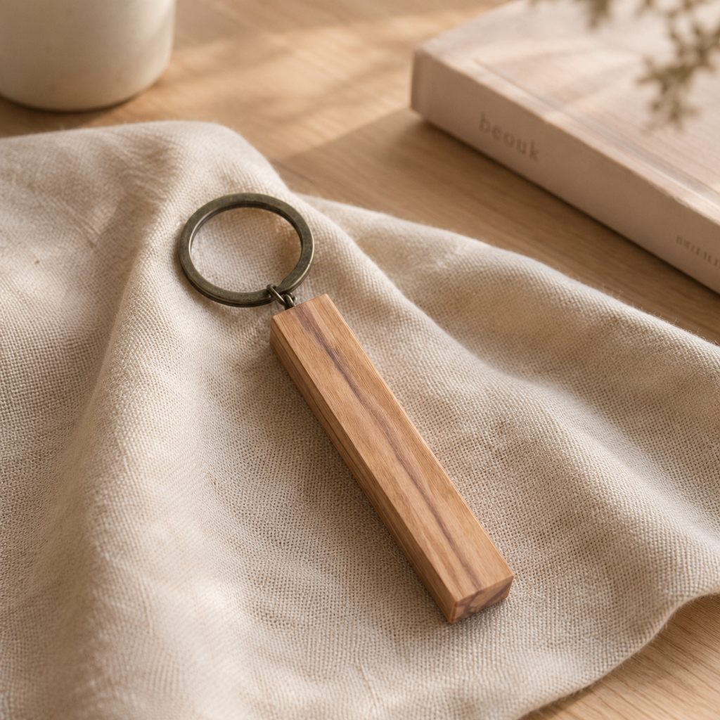 Personalized olive wood keychain with custom engraving, showing natural wood grain and handmade craftsmanship.