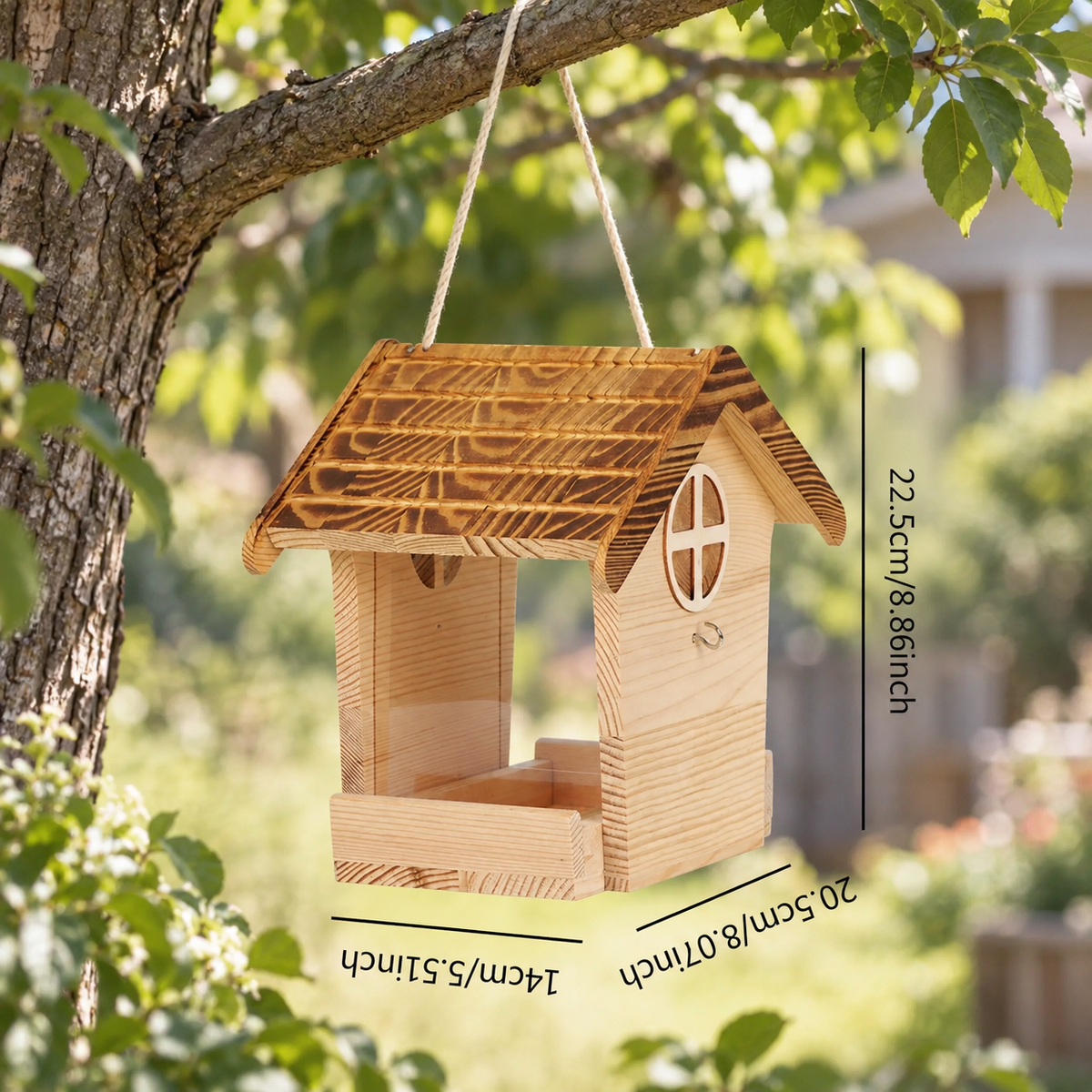 Wild bird feeding from a handcrafted wooden hanging bird feeder filled with mixed bird seed.