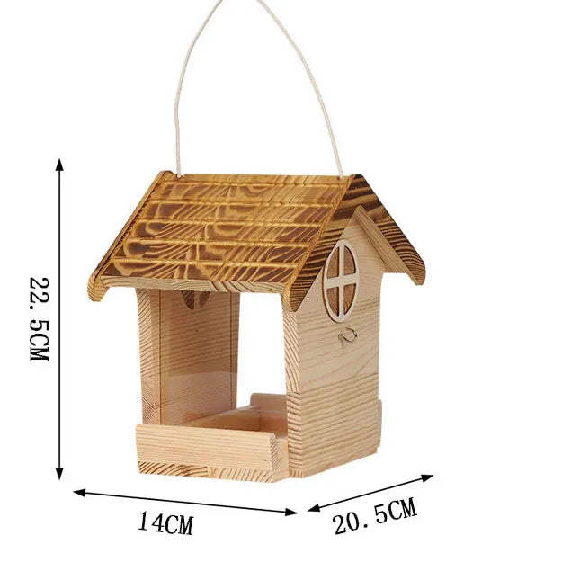Wild bird feeding from a handcrafted wooden hanging bird feeder filled with mixed bird seed.
