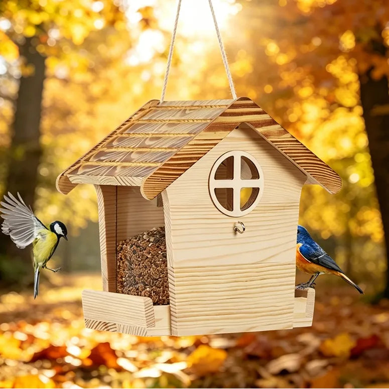Close-up of handcrafted wooden hanging bird feeder showing natural wood grain and weather-resistant roof.