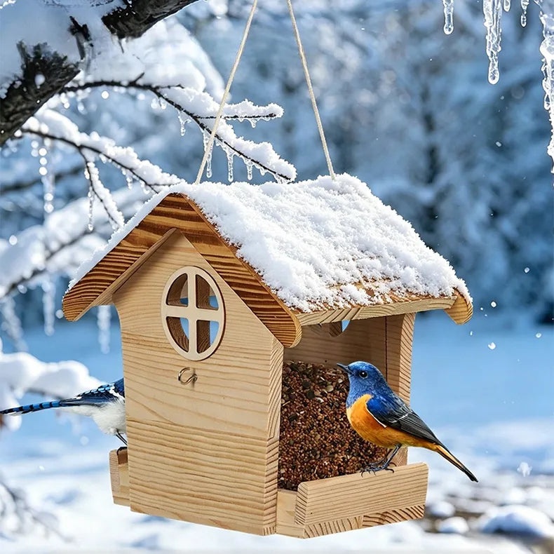 Handcrafted wooden hanging bird feeder bringing birds to a peaceful backyard garden.