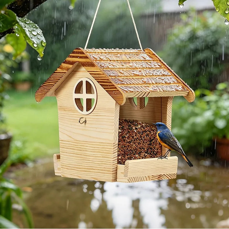 Handcrafted personalized wooden hanging bird feeder filled with seeds and hanging outdoors for wild birds.