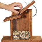 Close-up of handcrafted wooden squirrel feeder featuring natural wood grain and sturdy construction.