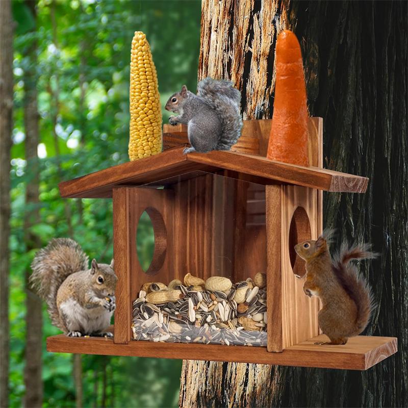 Handcrafted wooden squirrel feeder attracting squirrels to a peaceful backyard garden.
