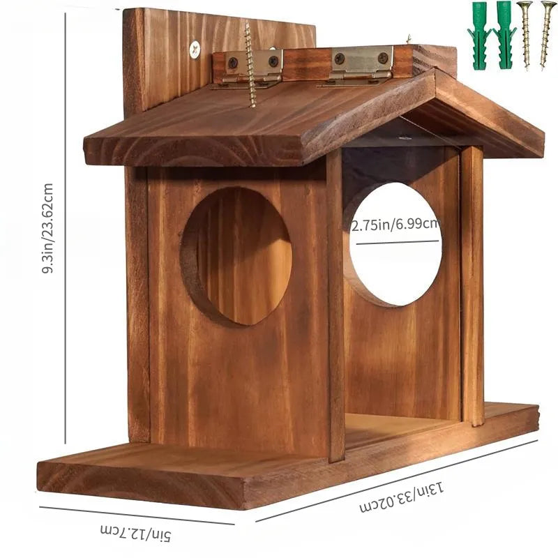Personalized wooden squirrel feeder as a thoughtful gift for wildlife lovers, gardeners, and nature enthusiasts.