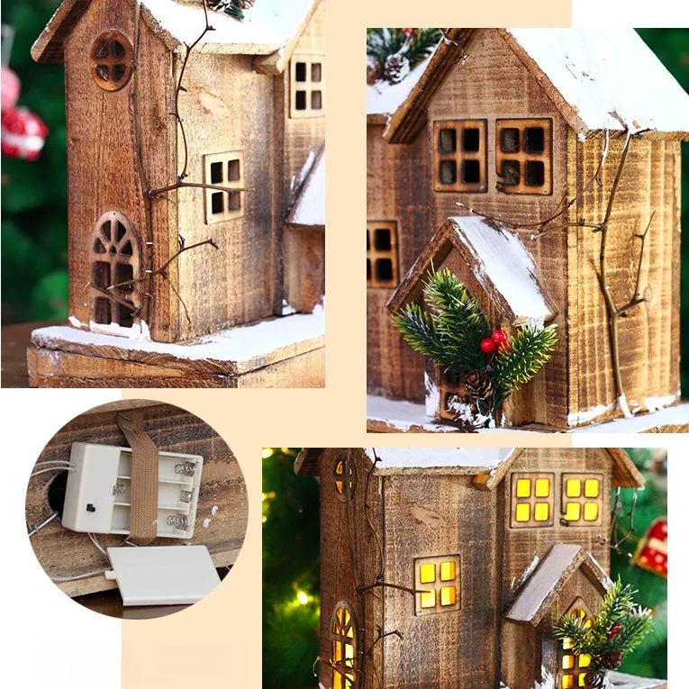 Close-up of the handcrafted wooden Christmas cottage highlighting its rustic wood texture, snowy finish, and decorative holiday accents.
