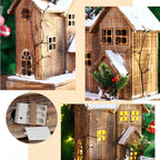 Close-up of the handcrafted wooden Christmas cottage highlighting its rustic wood texture, snowy finish, and decorative holiday accents.