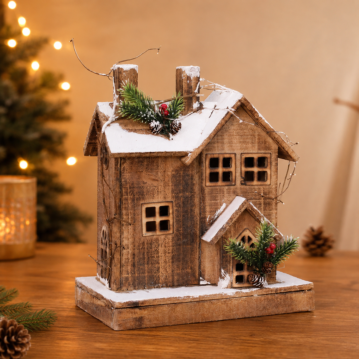 Front angled view of a handcrafted wooden Christmas cottage featuring layered roofs, detailed windows, and seasonal greenery.