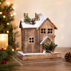 Rustic handcrafted wooden Christmas cottage designed as a festive decoration for holiday displays, winter decorating, and seasonal gifting.