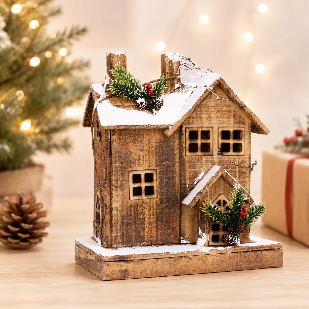 Rustic handcrafted wooden Christmas cottage with snow-covered roof, pine branches, and festive winter accents displayed as holiday décor.