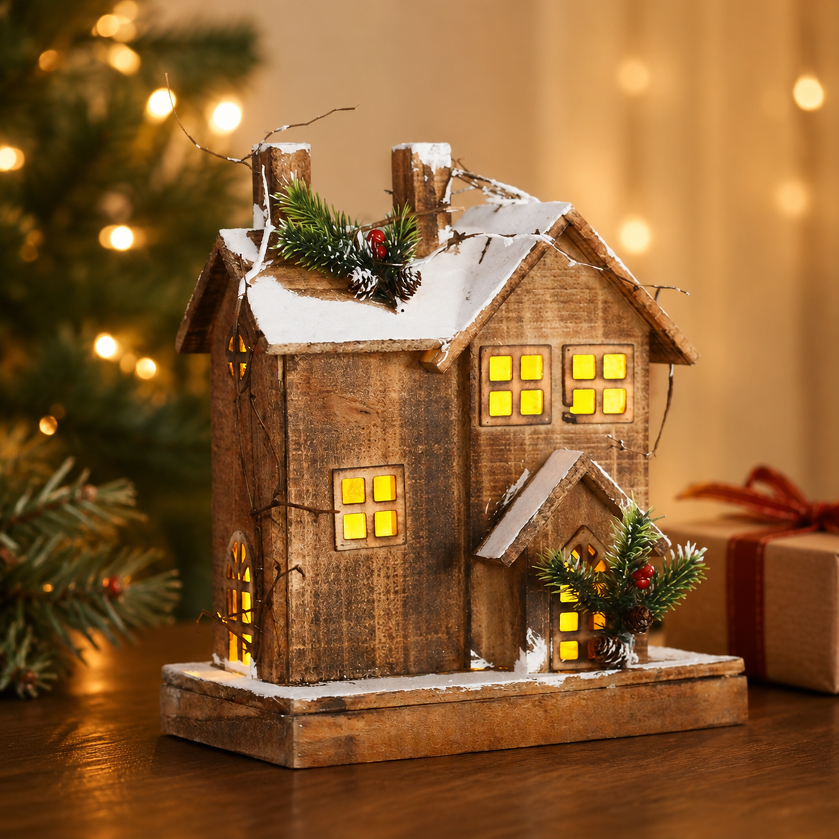 Side view of the handcrafted wooden Christmas cottage showcasing its handcrafted construction and charming winter design.