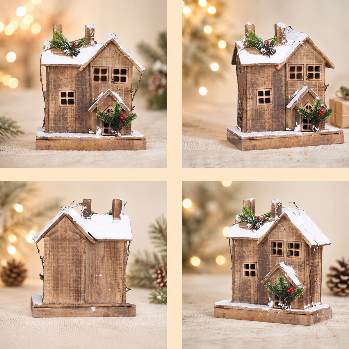 Handcrafted wooden Christmas cottage displayed on a tabletop, creating a warm and cozy seasonal atmosphere for home décor.
