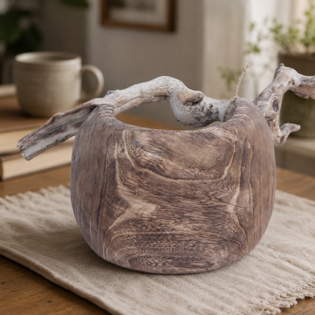 Rustic paulownia wood fruit bowl used for displaying fresh fruit, adding a warm natural touch to kitchen and dining spaces.