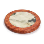 Wabi-sabi style wooden and marble coaster in a calm coffee setting