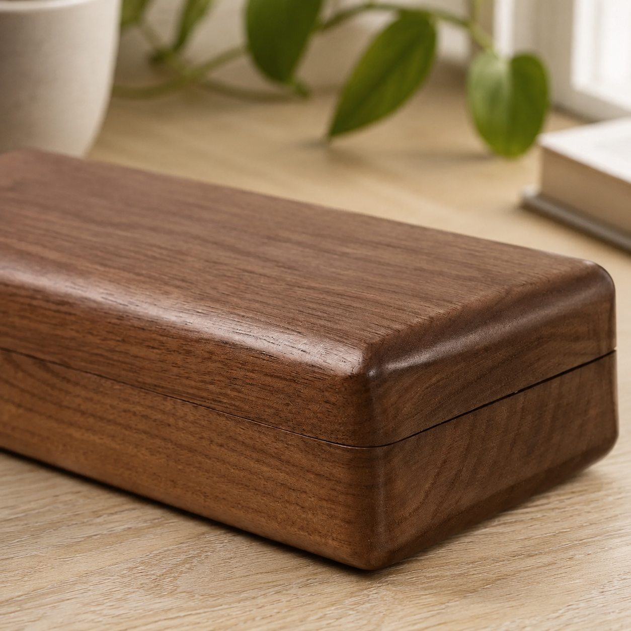Black walnut glasses case placed in a calm home setting for convenient daily eyewear storage.