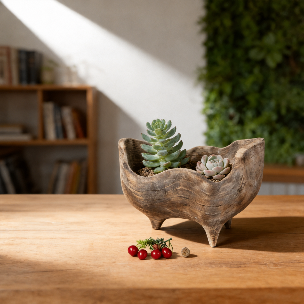 Xigura Patina handcrafted solid wood plant pot, main view in soft natural light for a warm, quiet home.
