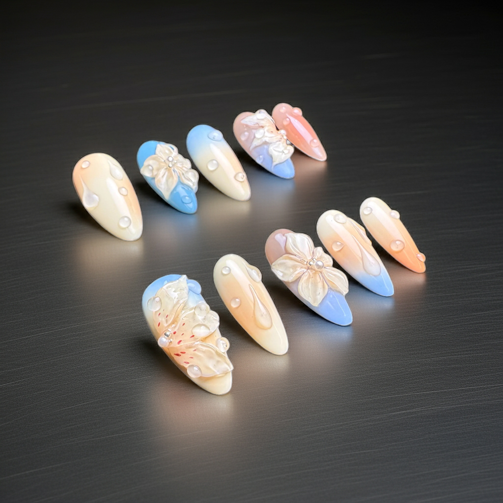 Xiguranail 3D petals nails, gel press on nails, gel nails, french tips, french nails, acrylic nails