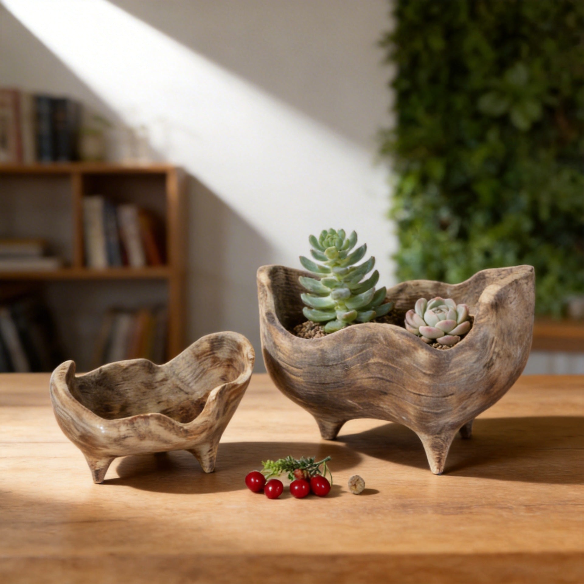 Xigura Patina handcrafted solid wood plant pot, main view in soft natural light for a warm, quiet home.