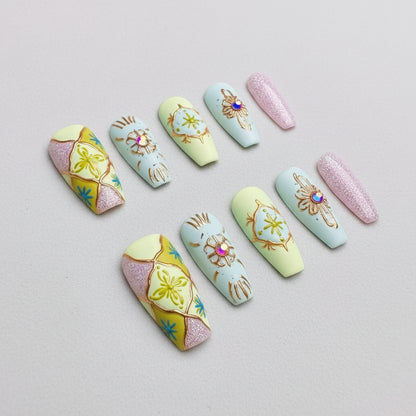 Xiguranail, Handmade press on nails, 3D nail art, blue false nails, reusable press ons, french tip nails, gel nails, acrylic nails