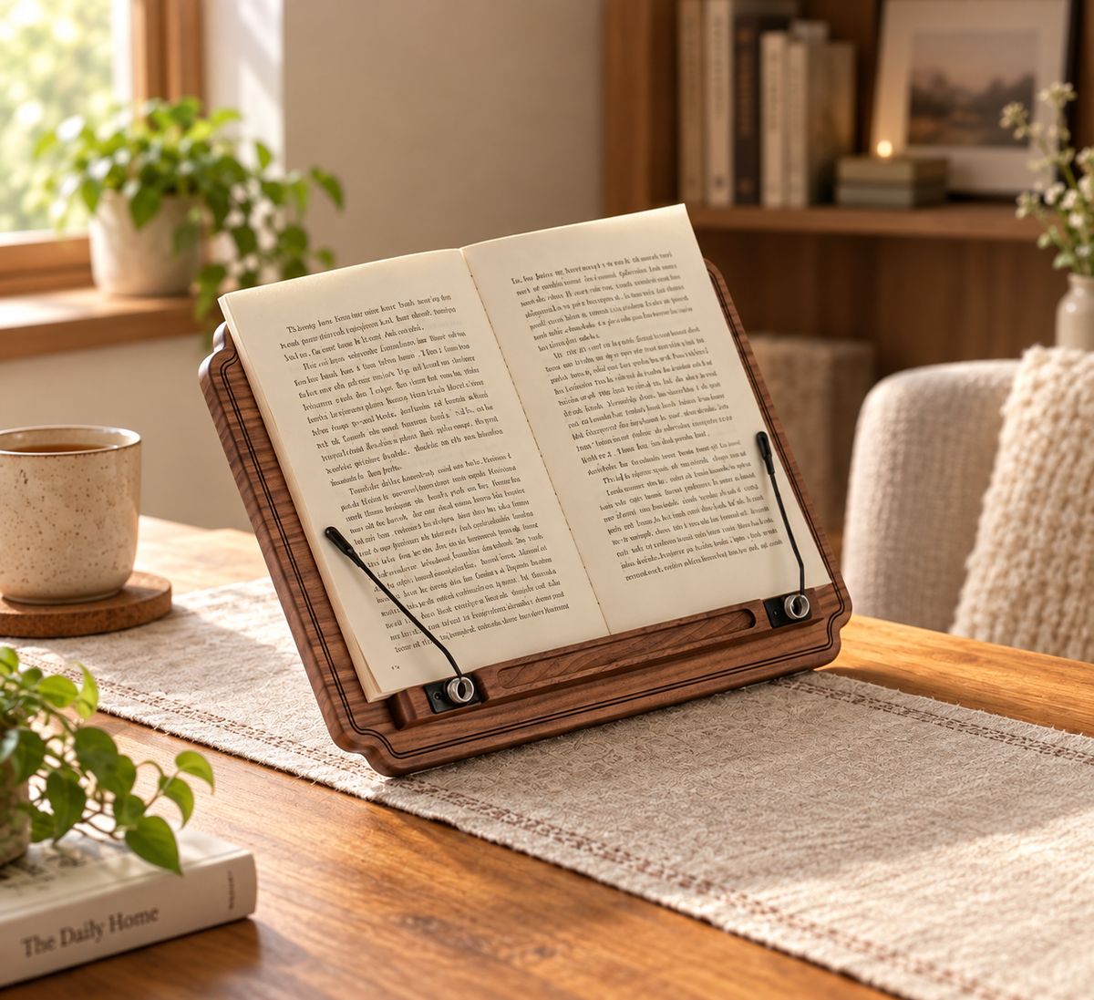 Black walnut book stand displayed on a desk in warm natural light.