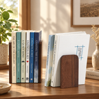 Black walnut bookends showing rich natural wood grain, smooth handcrafted edges, and a sturdy upright form.