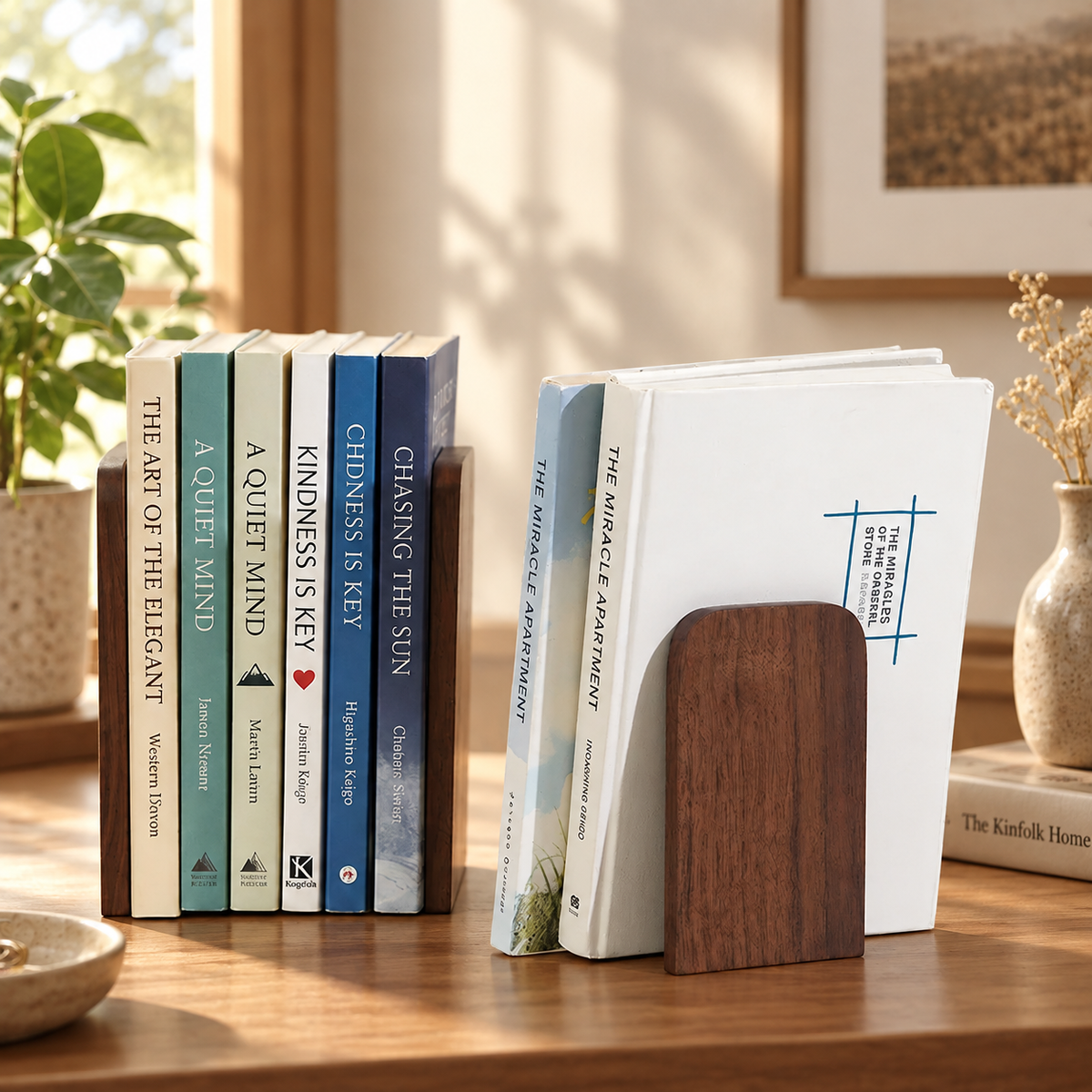 Black walnut bookends showing rich natural wood grain, smooth handcrafted edges, and a sturdy upright form.
