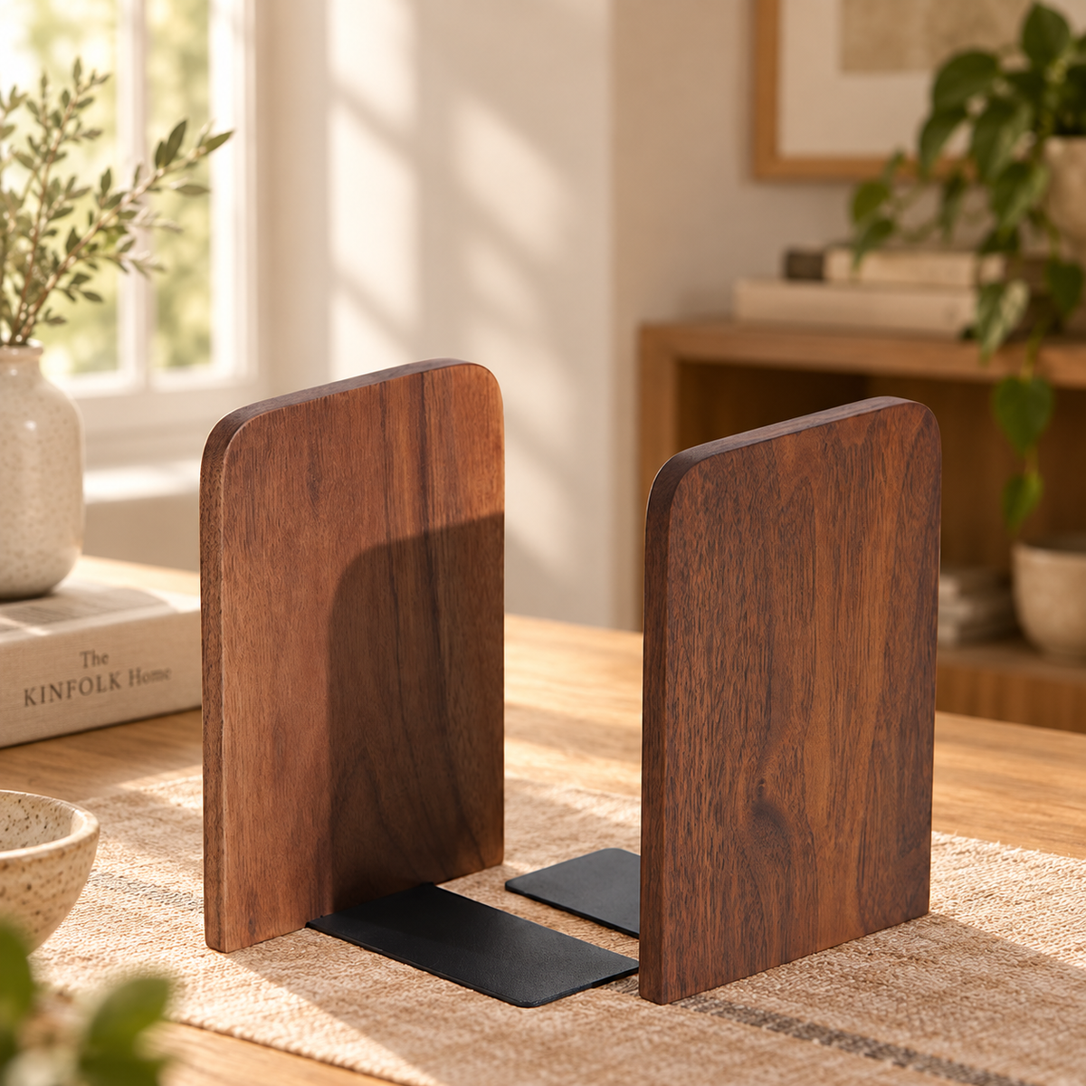 Black walnut bookends supporting several books on a desk or bookshelf for neat everyday organization.