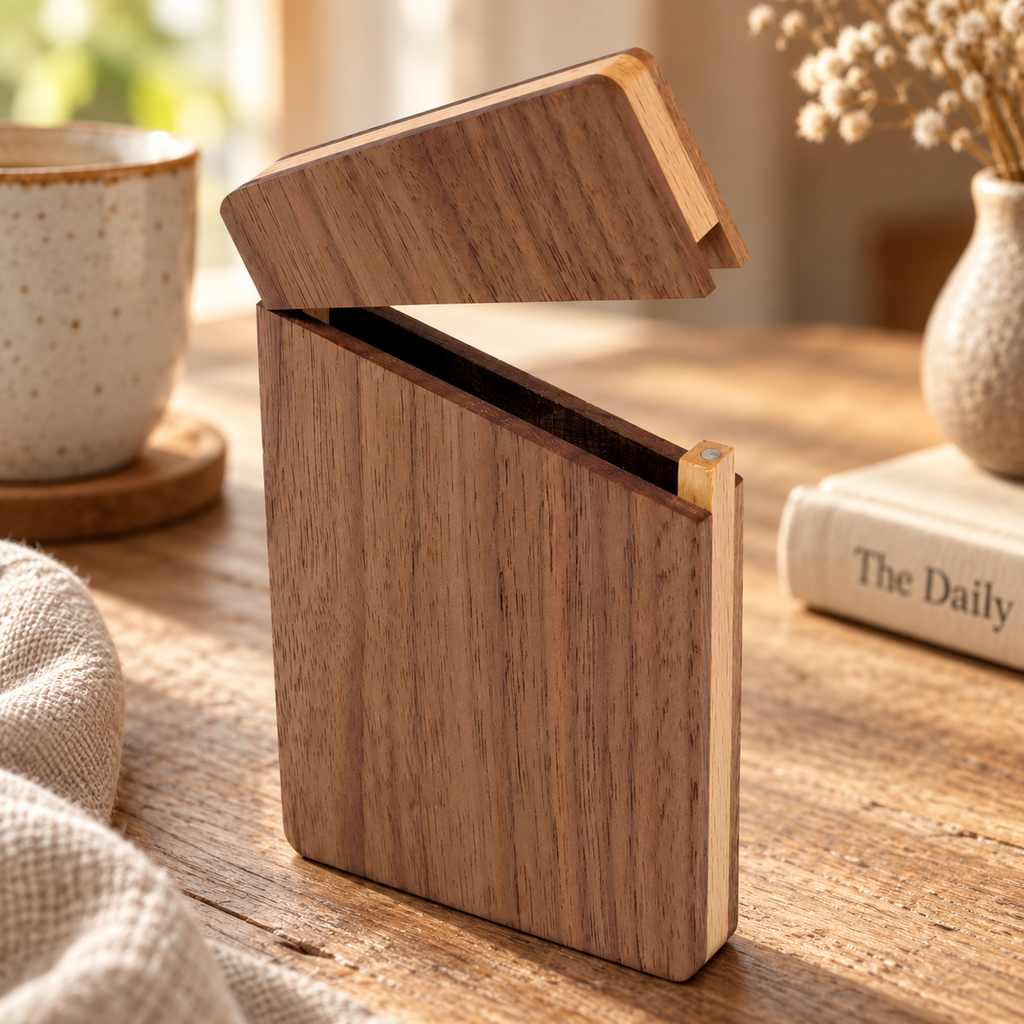 Black walnut business card case with a hinged lid for storing and carrying professional cards.