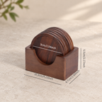 Black walnut coaster set shown with a size guide for product scale and proportions.