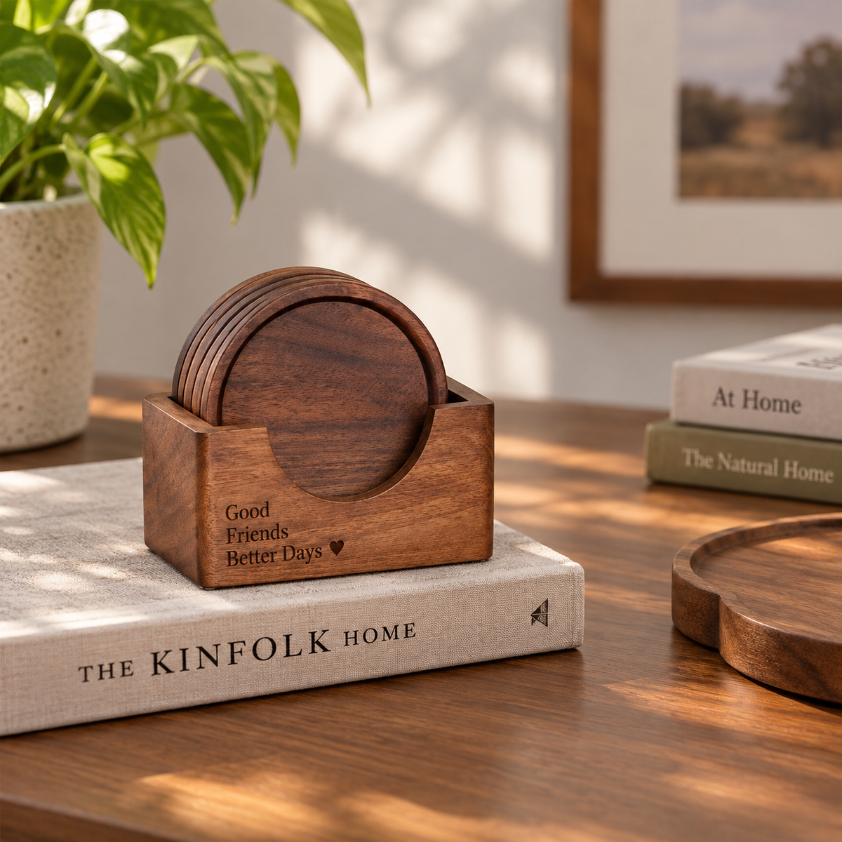 Black walnut coaster set with matching wooden holder, displayed in a warm home setting.