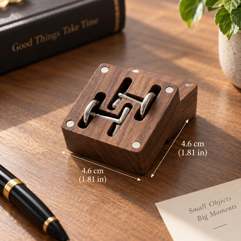 Black walnut cufflink box shown with a size guide for product scale and proportions.